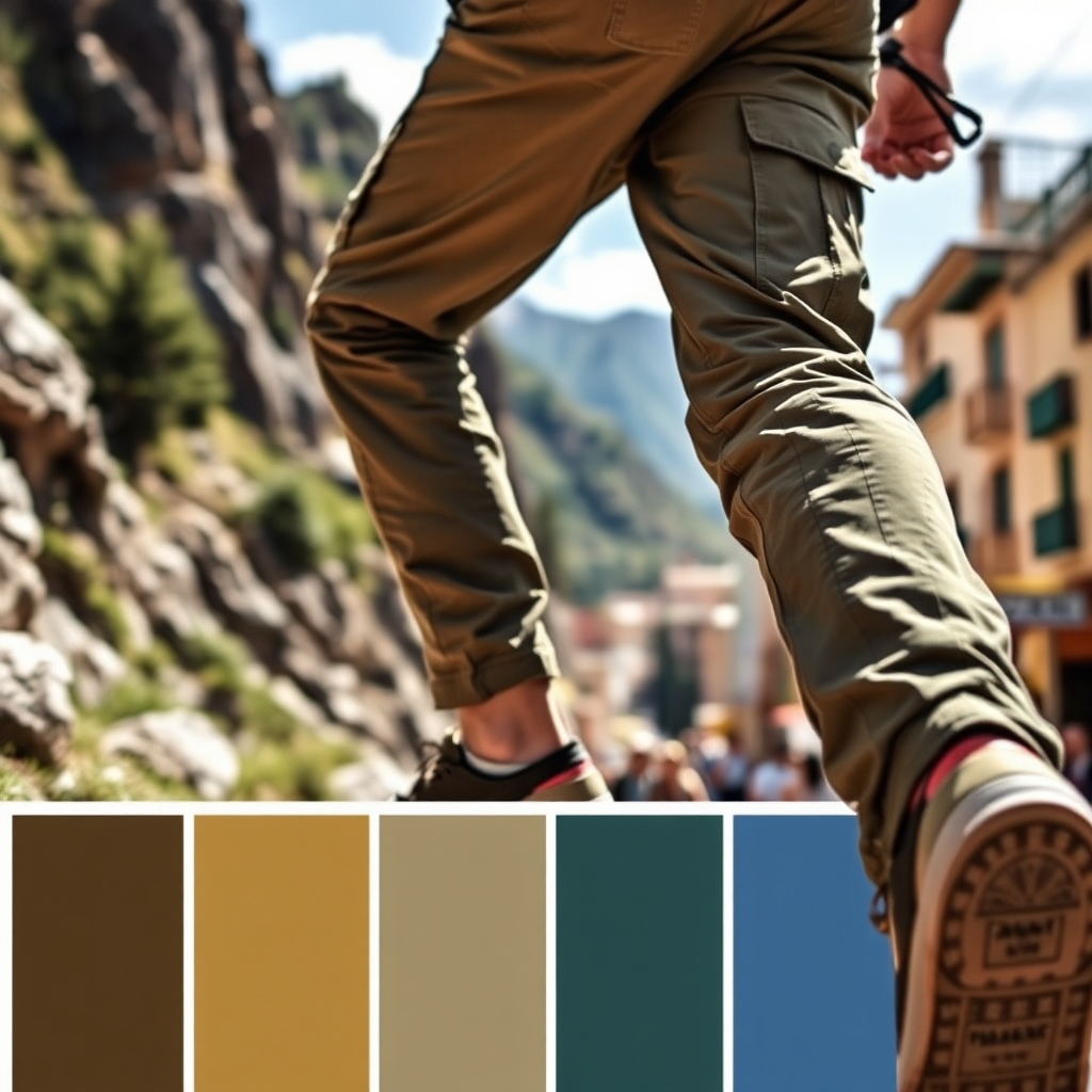 A man in cargo's climbing a hill.