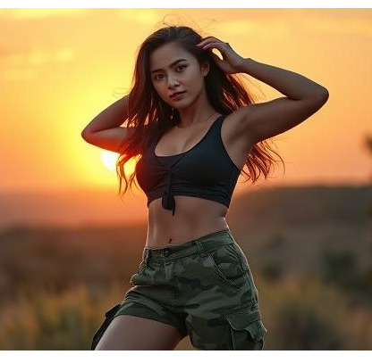 Brunette lady wearing camouflage cargo shorts in the sunset