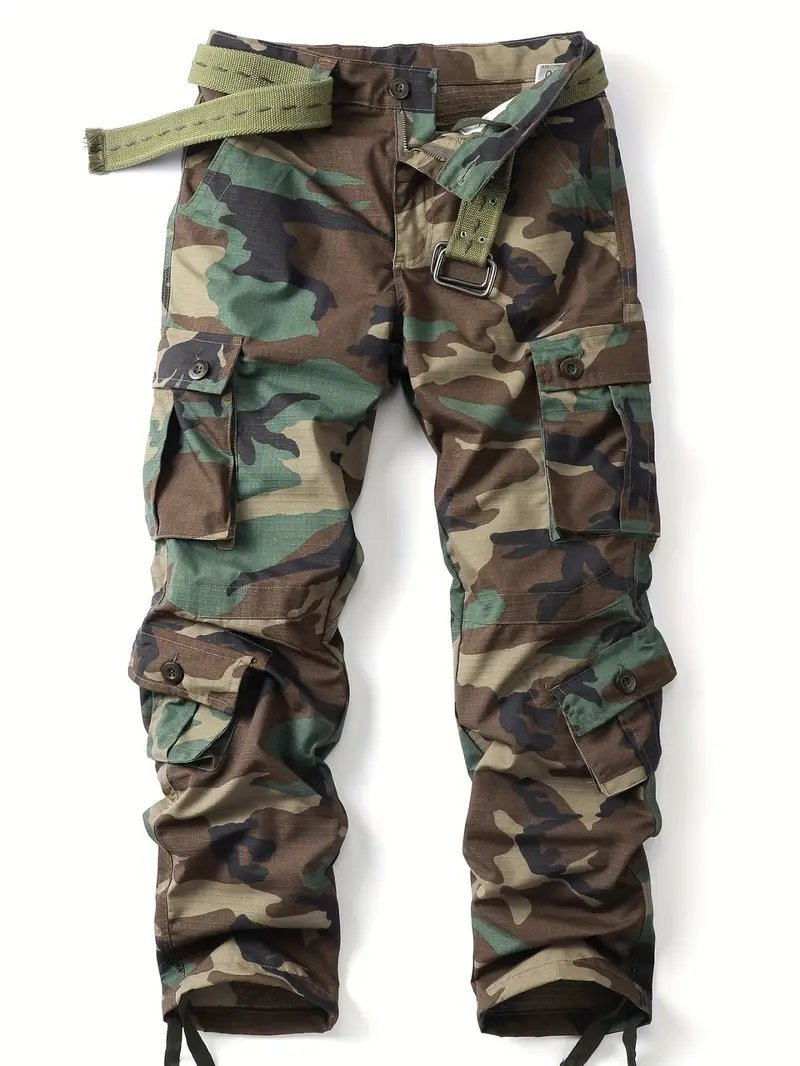 Men's Camo Cargo Pants, Cotton Blend, Casual Style, Non-Stretch Fabric, Regular Length, with 8 Large Pockets, Zipper Fly, for All-Season Wear, Adult Loose Fit Work Trousers, belt not included.