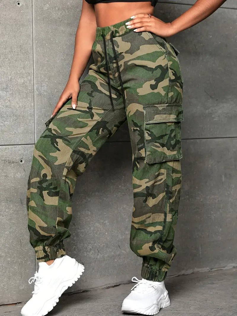 Women Camouflage Cargo Pants With Lace-Up Detail - High Waist, Zipper & Button Closure, Lightweight Polyester Blend For Spring/Fall Casual Wear, Camouflage Pants.
