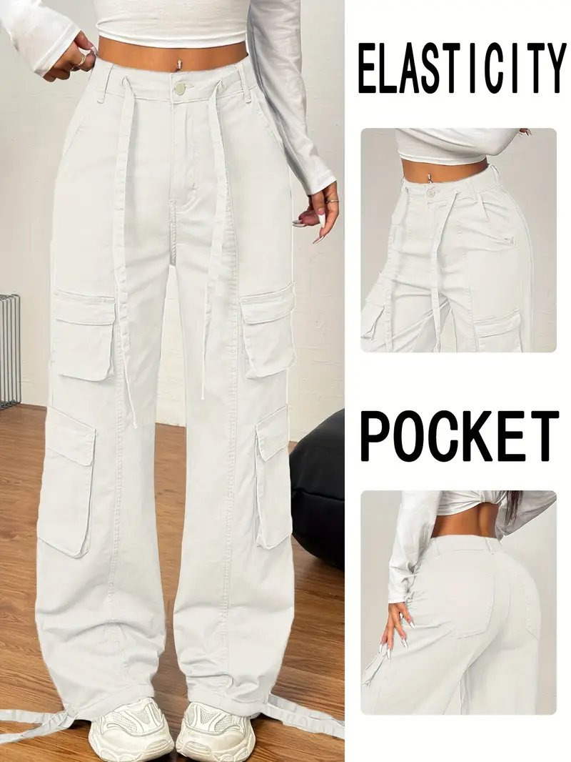 Cargo Pants Women High Waist Wide Leg Casual Pants With 4 Pockets Stretchy Drawstring Baggy Y2K Trousers Also in navy blue, dark grey and army green