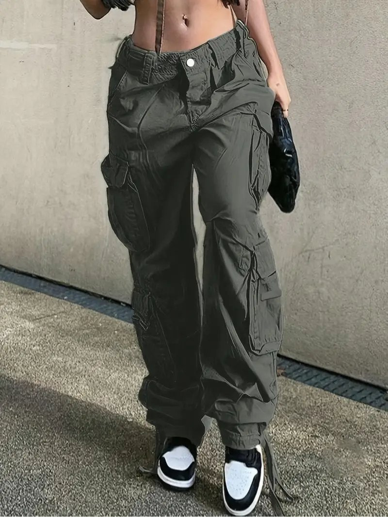 Women's Casual Cargo Pants, Fashionable Loose-Fit With Pockets, Elastic Waist With Drawstring, Streetwear Style Also in black and army green