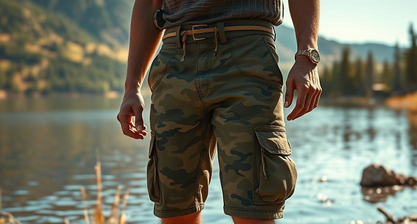 Camouflage Cargo Shorts For Guys - Guy beside lake wearing camo cargo shorts