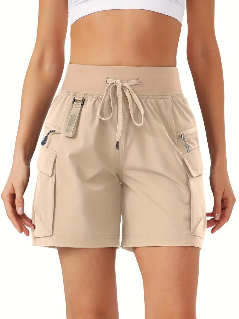 Women's Khaki Cargo Shorts - Casual Style, Frayed Hem, Multi-Pocket Design, Lightweight Polyester, Perfect for Spring/Summer/Fall, Versatile Fashion Shorts | Cargo Shorts | Functional Design