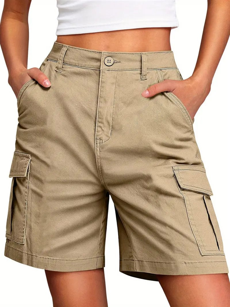 Women's Casual Solid Color Shorts High Waist Button Streetwear Overalls With Pockets