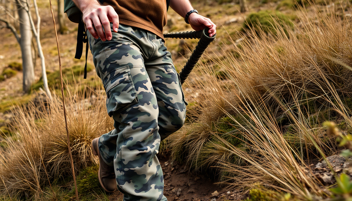 Camo Cargo Pants worn by a hiker in rough terrain.