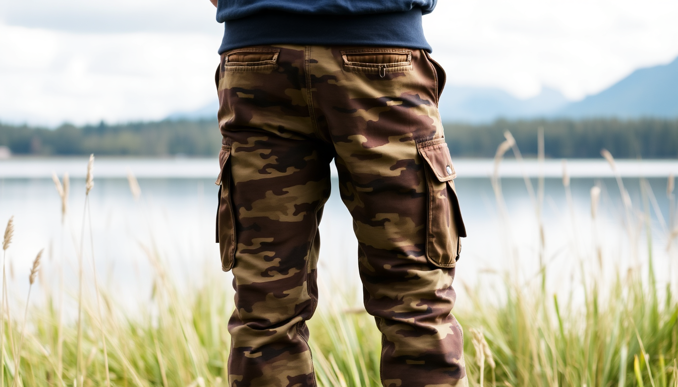 Guy at a fishing lake wearing camouflage cargo trousers.