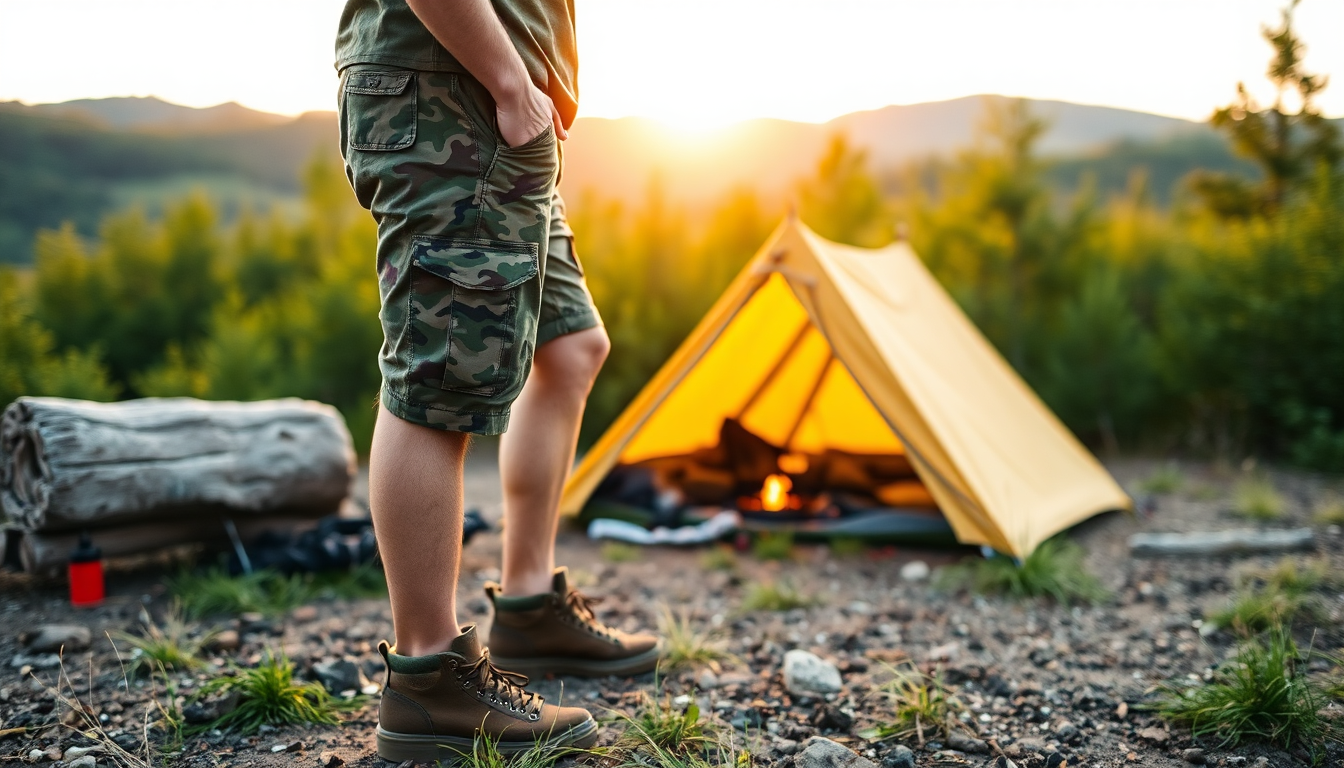 Man standing outside his tent in the countryside wearing a pair of camo cargo shorts.