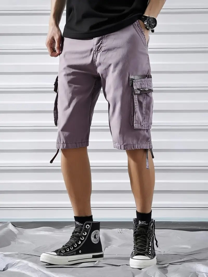 Summer Men's Multi Pocket Waist Drawstring Adjustable Wear-resistant Casual Workwear Shorts Available in khaki and black.