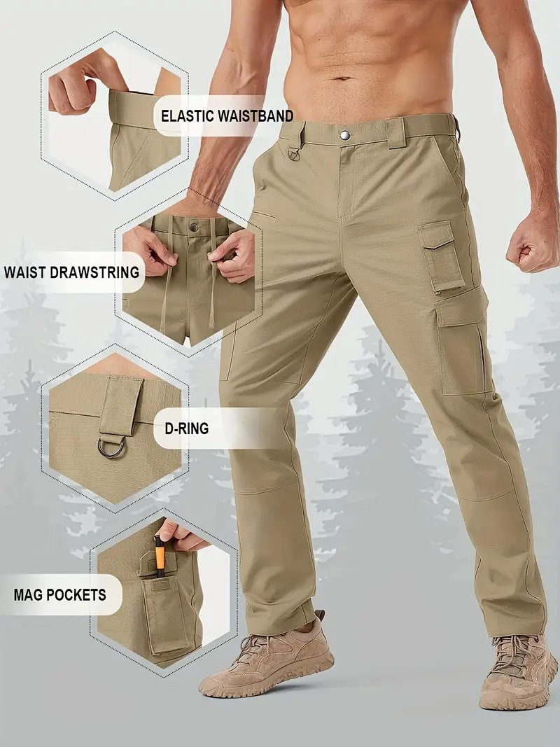 Men's Slim Fit Green Cargo Pants with Multiple Pockets - Stretch Nylon, Outdoor & Hiking Trousers, Machine Washable