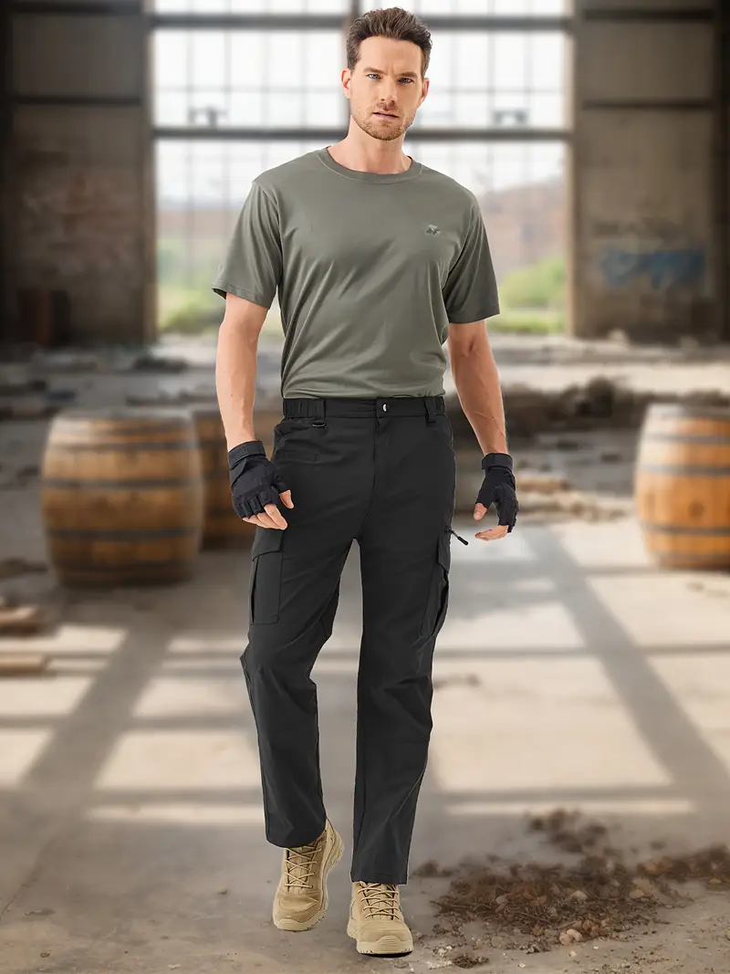 Image showcasing a man in a factory wearing stretch cargo pants.