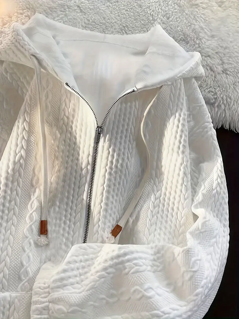 Women's Casual Hooded Sweatshirt - White Textured Pullover with Adjustable Drawstring Hood & Front Zipper, -like Patches, Machine Washable Spring/Fal