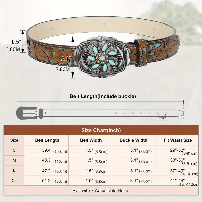 WHIPPY Western Embossed Belt for Women, Cowboy Cowgirl Floral Belt with Rhinestone Turquoise Buckle