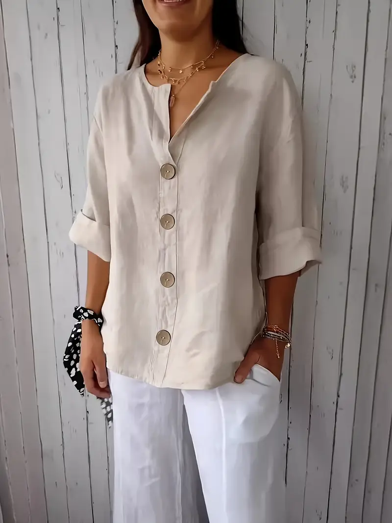 Women's V-Neck Linen Shirt Top 3/4 Roll-Up Sleeve Summer Casual Loose Solid Blouses Tunic Tops With Button